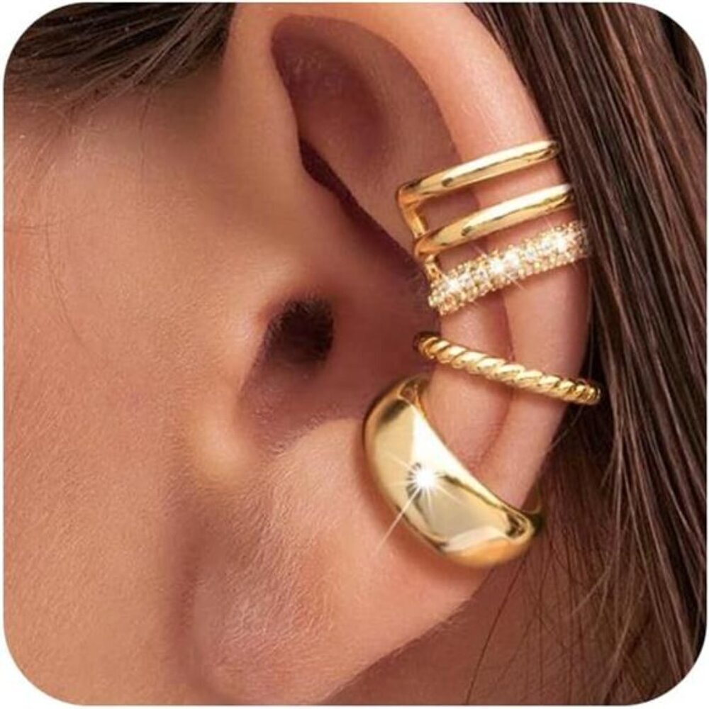 Gold 3 Pack  Ear Cuff Earrings for Women Non Piercing, 14K Gold Plated Ear Cuffs